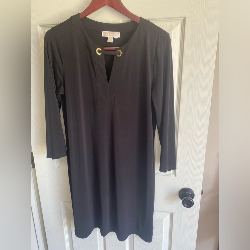 Michael Kors Black 3/4 Sleeve Shift Dress with Gold Grommet Detail